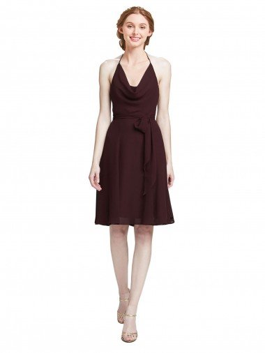 Short Knee Length Chiffon Cocktail Dress with Halter Cowl Neck UK