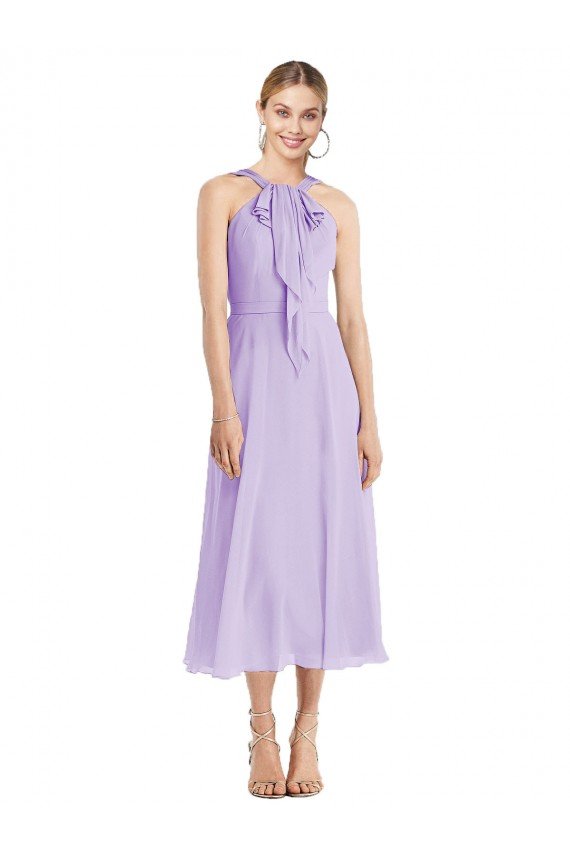 Midi Length Halter Plunging V-Back Chiffon Cocktail Dress UK