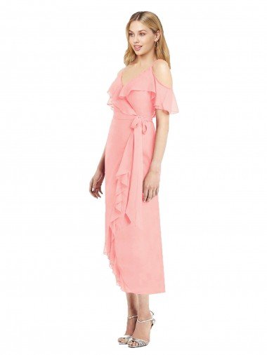 Wrap Chiffon Cocktail Dress with Fluttering Ruffles UK