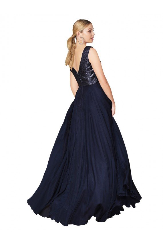 High Neck V-Neck Long Chiffon Cocktail Dress with Sequin Top UK