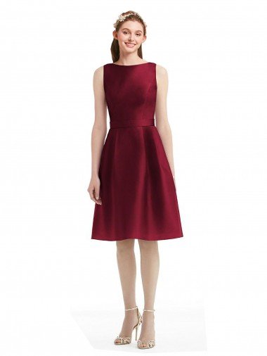 Short Midi Length Satin Cocktail Dress with Bateau Neckline and V-Back UK