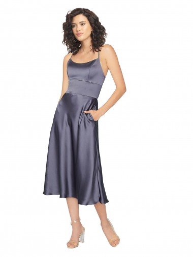 Midi Length Silky Satin Cocktail Dress with Open Tied Back UK