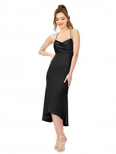 High Low Silky Satin Cowl Neck Midi Length Cocktail Dress UK