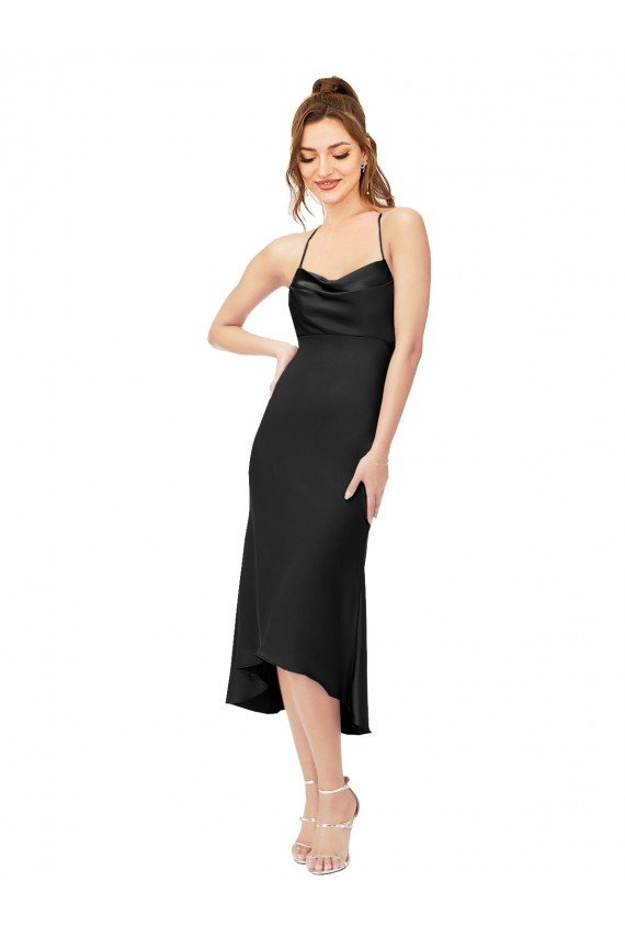 High Low Silky Satin Cowl Neck Midi Length Cocktail Dress UK