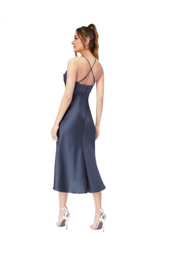 High Low Silky Satin Cowl Neck Midi Length Cocktail Dress UK