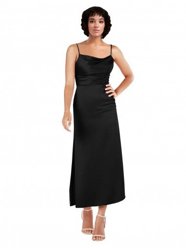 Cowl Neck Tea-Length Short Silky Satin Cocktail Dress with Skirt Slit UK