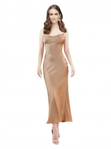 Cowl Neck Silky Satin Midi Length Cocktail Dress Low Back UK