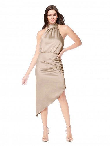 Silky Satin High Low Midi Length Cocktail Dress with Asymmetric Skirt UK