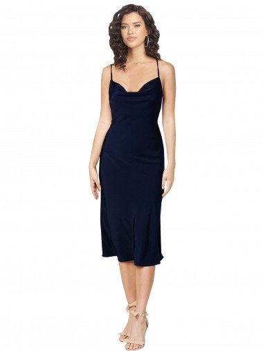 Short Midi Length Silky Satin Cocktail Dress with Cowl Neck and Cross Back Straps UK