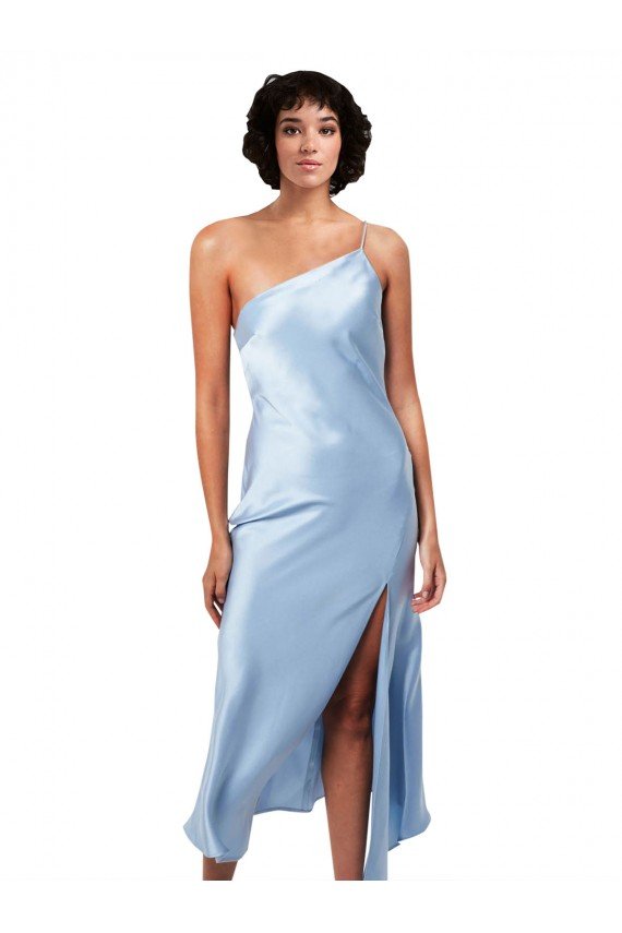 Midi Length Short Silky Satin Cocktail Dress with Asymmetric Neckline and High Side Split UK