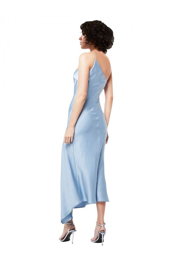 Midi Length Short Silky Satin Cocktail Dress with Asymmetric Neckline and High Side Split UK