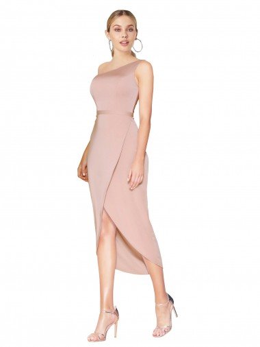 Knee Length One Shoulder Crepe Short Wrap Cocktail Dress UK