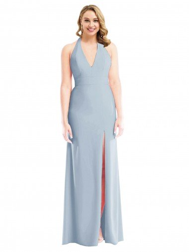 Plunge Neck Halter Backless Trumpet Cocktail Dress with Front Slit UK