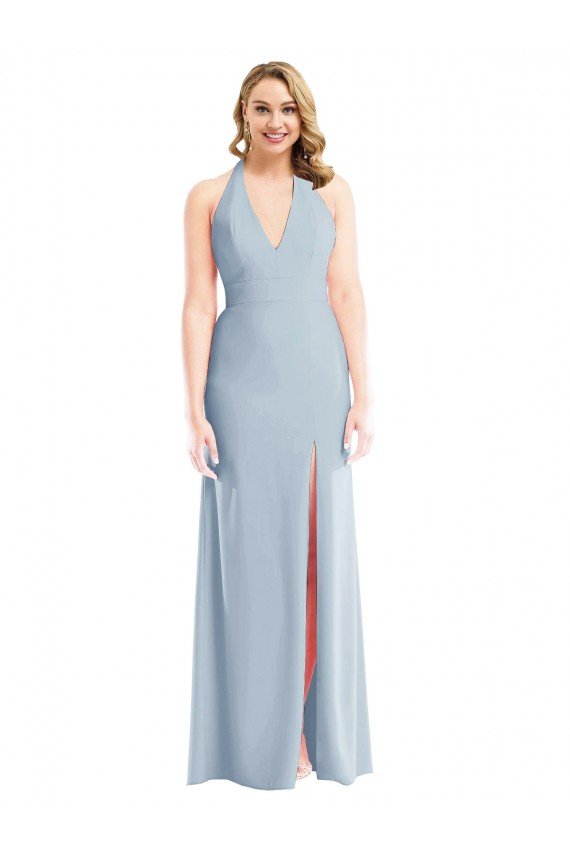 Plunge Neck Halter Backless Trumpet Cocktail Dress with Front Slit UK