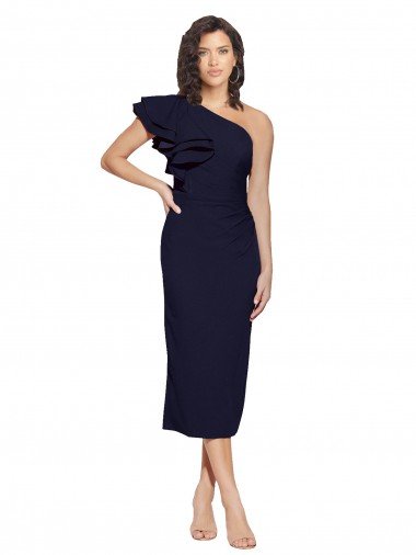 Ruched Midi Length Short Crepe Cocktail Dress with Shoulder Ruffles UK