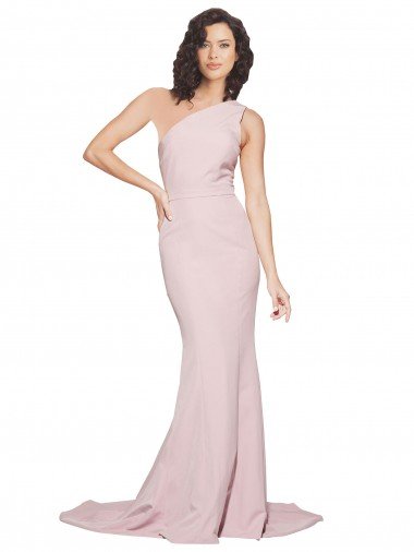 Long Sweep Train One Shoulder Crepe Cocktail Dress with Side Leg Split UK