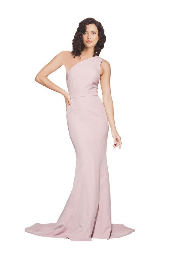 Long Sweep Train One Shoulder Crepe Cocktail Dress with Side Leg Split UK