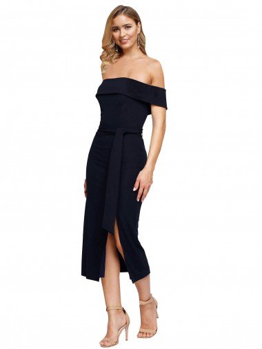 Fitted Short Midi Length Off the Shoulder Crepe Cocktail Dress with Side Split and Waist Tie UK