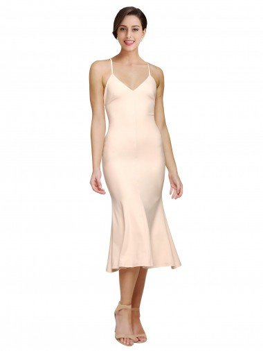 Midi Length V-Neckline Crepe Cocktail Dress with Thin Straps and Fulted Skirt UK