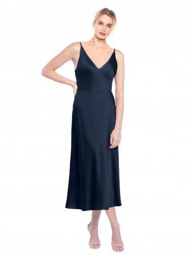 V-Neck Midi Length Short Stretch Satin Cocktail Dress V-Back UK