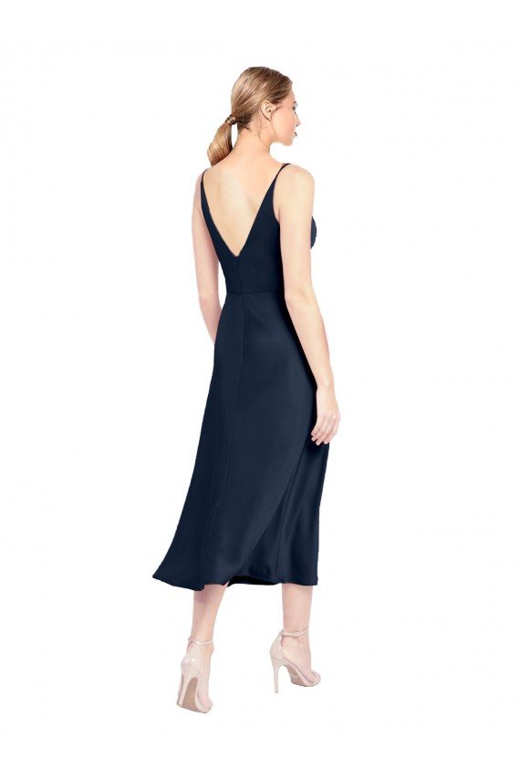 V-Neck Midi Length Short Stretch Satin Cocktail Dress V-Back UK