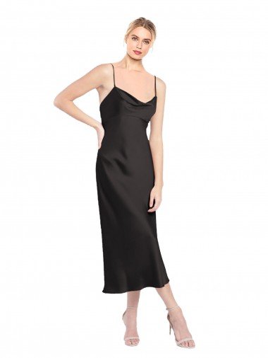 Cowl Neck Midi Length Short Stretch Satin Slip Cocktail Dress UK