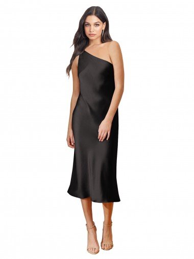 Sleek One Shoulder Midi Length Short Stretch Satin Slip Cocktail Dress UK