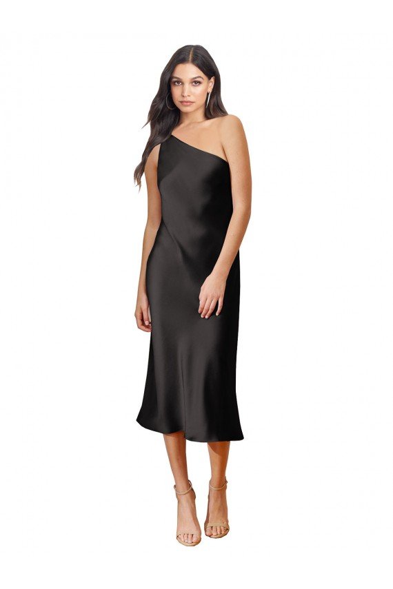 Sleek One Shoulder Midi Length Short Stretch Satin Slip Cocktail Dress UK