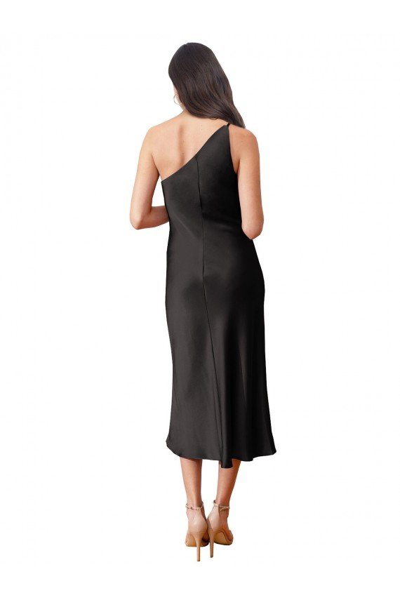 Sleek One Shoulder Midi Length Short Stretch Satin Slip Cocktail Dress UK