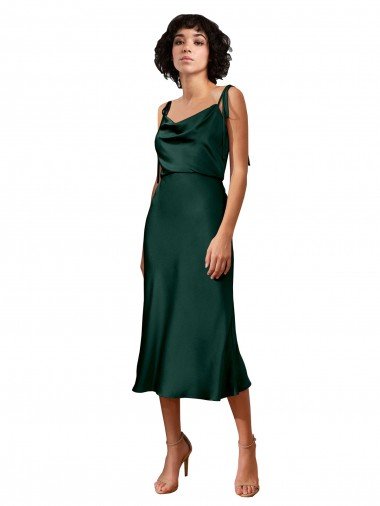 Spaghetti Straps Tie Shoulders Cowl Neck Short Midi Length Stretch Satin Cocktail Dress UK