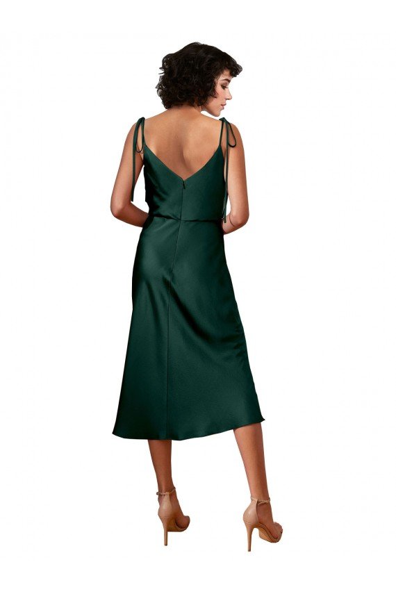 Spaghetti Straps Tie Shoulders Cowl Neck Short Midi Length Stretch Satin Cocktail Dress UK