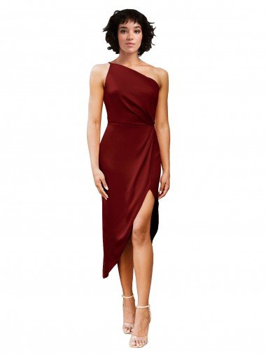 One Shoulder Midi Length Short Stretch Satin Wrap Style Cocktail Dress UK