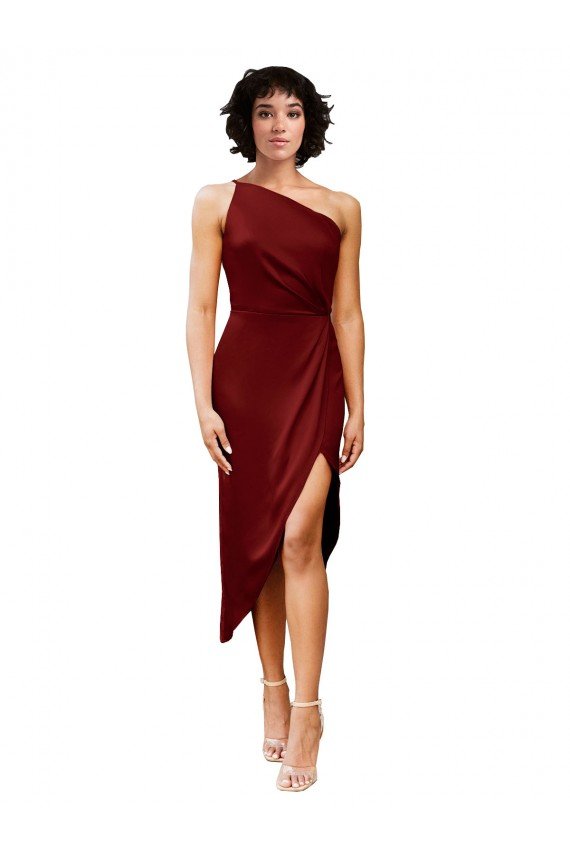 One Shoulder Midi Length Short Stretch Satin Wrap Style Cocktail Dress UK