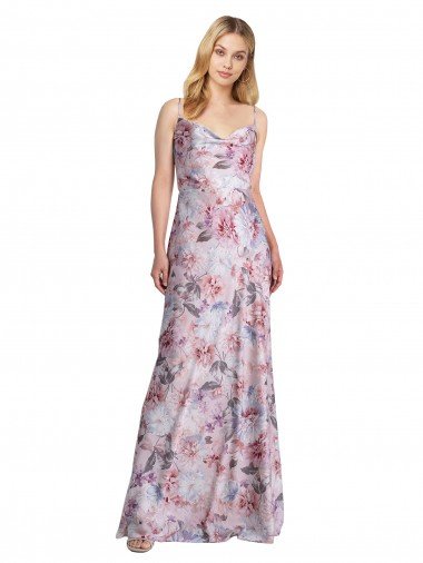 Draped Cowl Neck Long Floral Printed Formal Stretch Satin Cocktail Dress UK