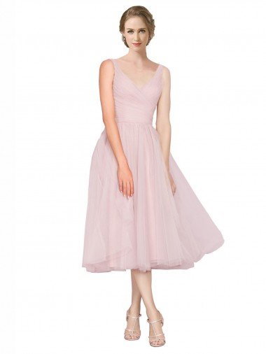 Short Tea Length Wide Strap Plunge Cross Over Neckline Tulle Cocktail Dress UK