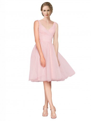 Short Knee Length Wide Strap Plunge Cross Over Neckline Tulle Cocktail Dress UK