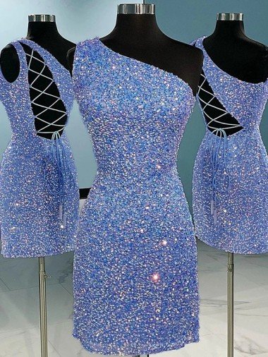 Short Velvet Sequin One Shoulder Sleeveless Cocktail Dress UK