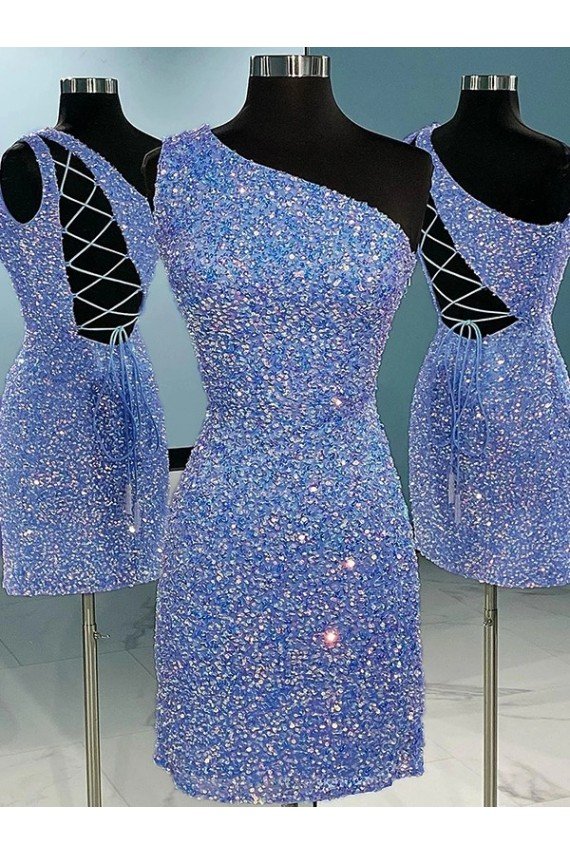 Short Velvet Sequin One Shoulder Sleeveless Cocktail Dress UK