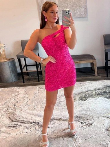 Velvet Sequin One Shoulder Sleeveless Short Cocktail Dress UK