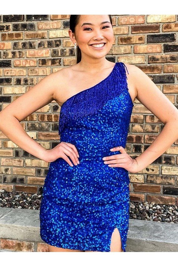 One Shoulder Sleeveless Short Velvet Sequin Royal Blue Cocktail Dress UK