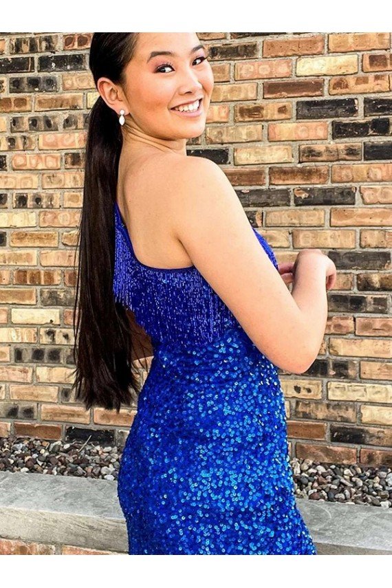 One Shoulder Sleeveless Short Velvet Sequin Royal Blue Cocktail Dress UK