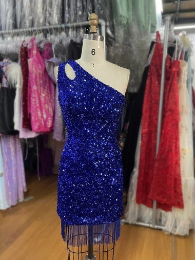 One Shoulder Keyhole Sleeveless Short Velvet Sequin Cocktail Dress UK