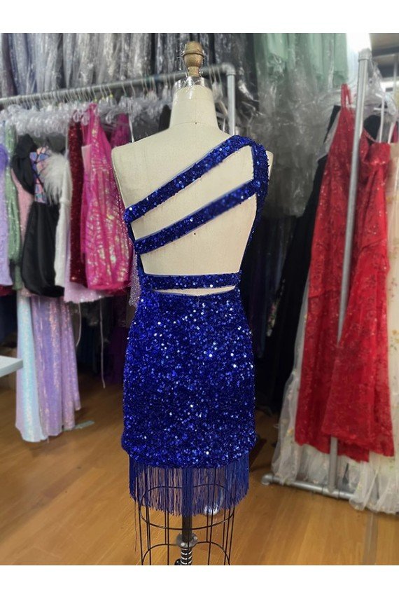 One Shoulder Keyhole Sleeveless Short Velvet Sequin Cocktail Dress UK