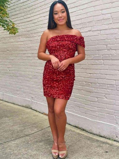 Short One Shoulder Sleeveless Velvet Sequin Cocktail Dress UK