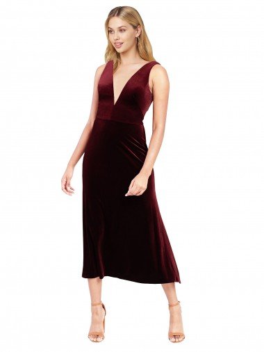 Daring Plunging V-Neckline Short Midi Length Velvet Cocktail Dress UK