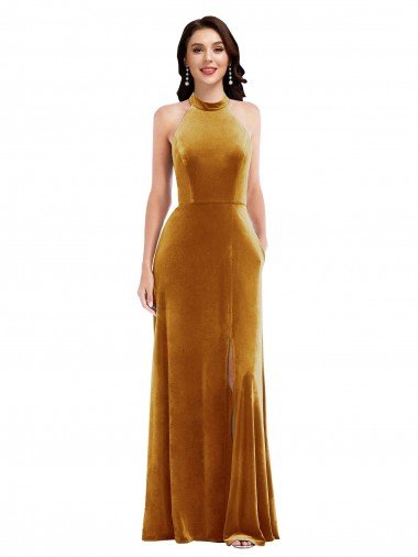 High-Neck Halter Velvet Cocktail Dress with Front Slit UK