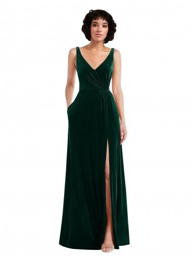 Floor Length Velvet Cocktail Dress with Shirred Bodice and Front Slit UK