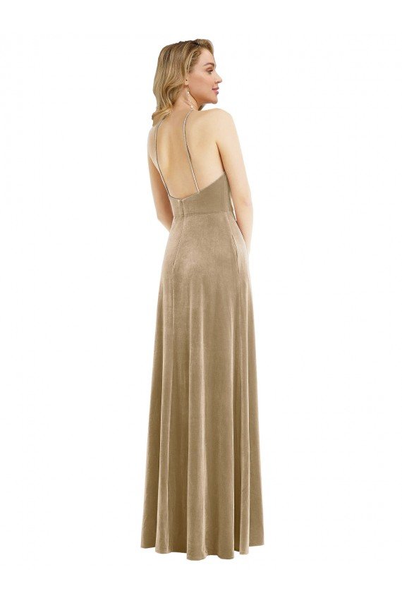 High Neck Halter Open Back Long Velvet Cocktail Dress with Pockets UK