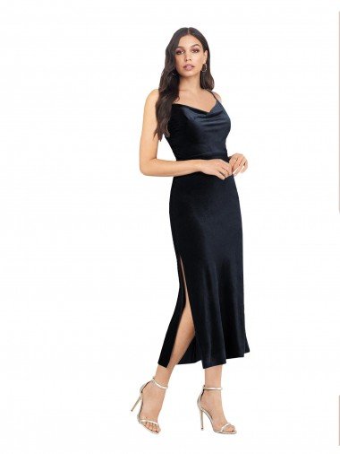 Midi Length Velvet Cocktail Dress with Cowl Neck and Spaghetti Straps UK