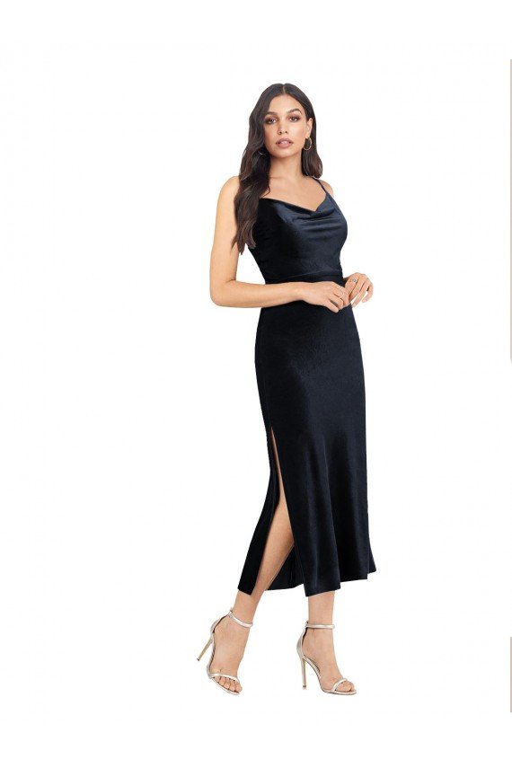 Midi Length Velvet Cocktail Dress with Cowl Neck and Spaghetti Straps UK